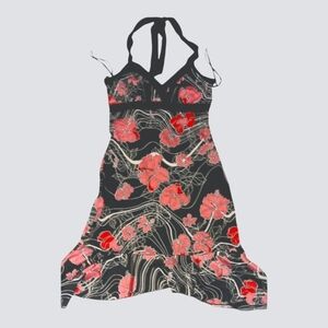 ^Floral Halter Dress - Black and Pink